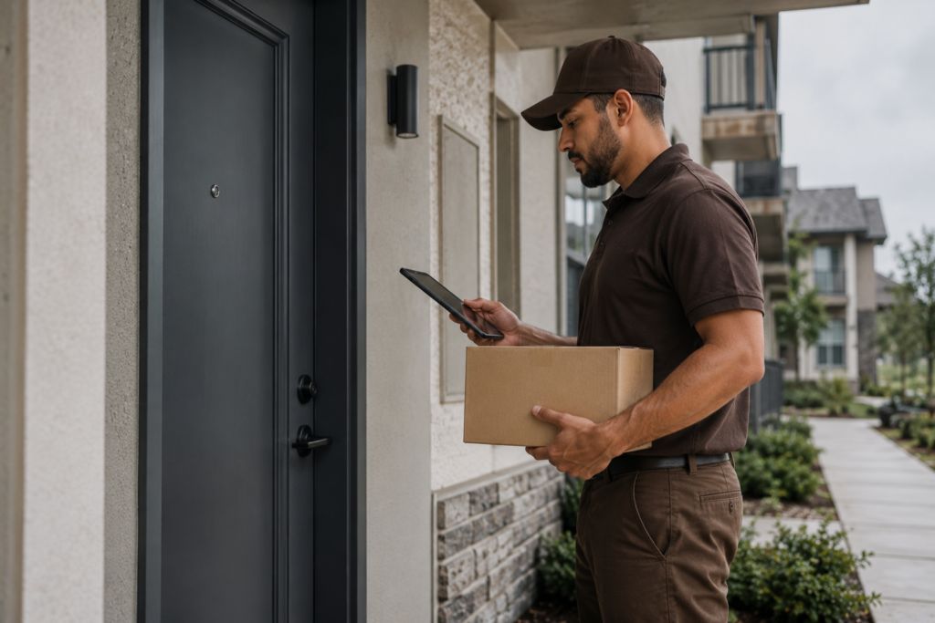 Delivery driver reviewing route on tablet beside delivery van